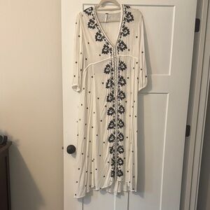 Free People Midi White and Black Embroidered Dress